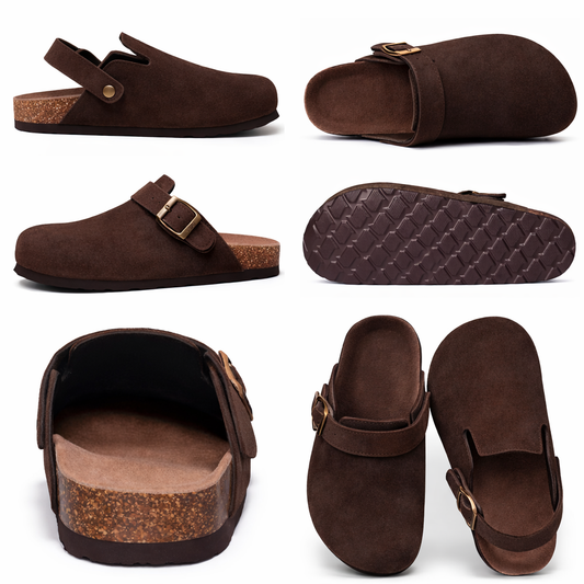 Unisex Cow Suede Clogs with Soft Cork Footbed and Adjustable Strap