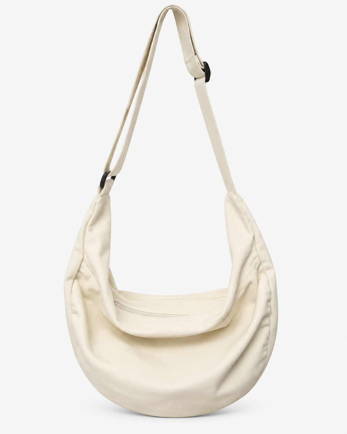 Beige hobo shoulder bag with an adjustable strap, curved shape and zip closure
