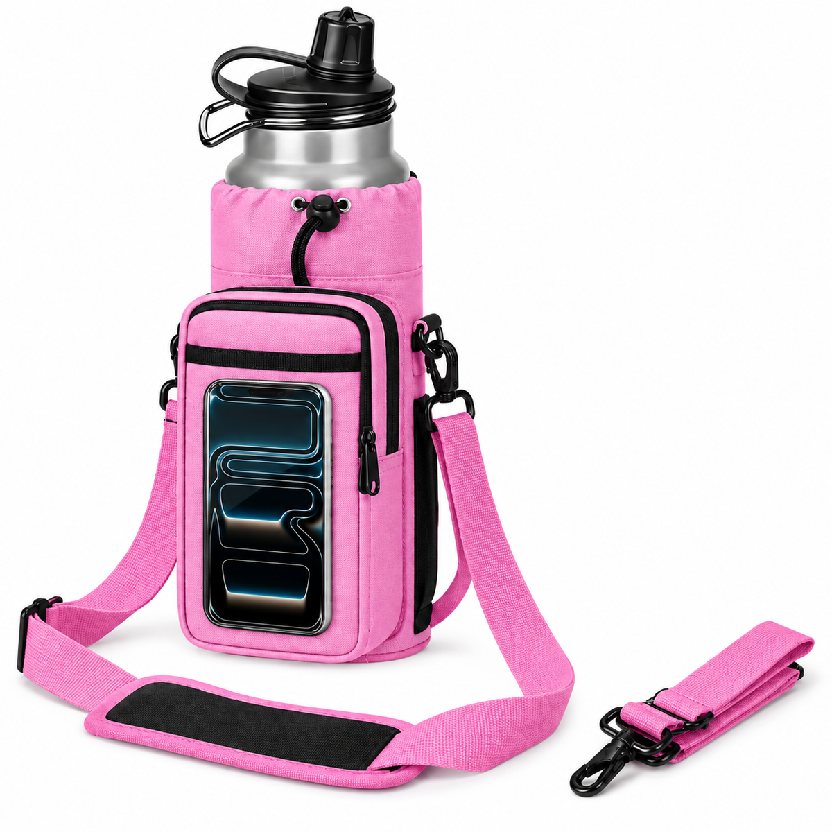 Pink magnetic gym bottle bag holding a water bottle and phone, with a drawstring opening and detachable shoulder strap