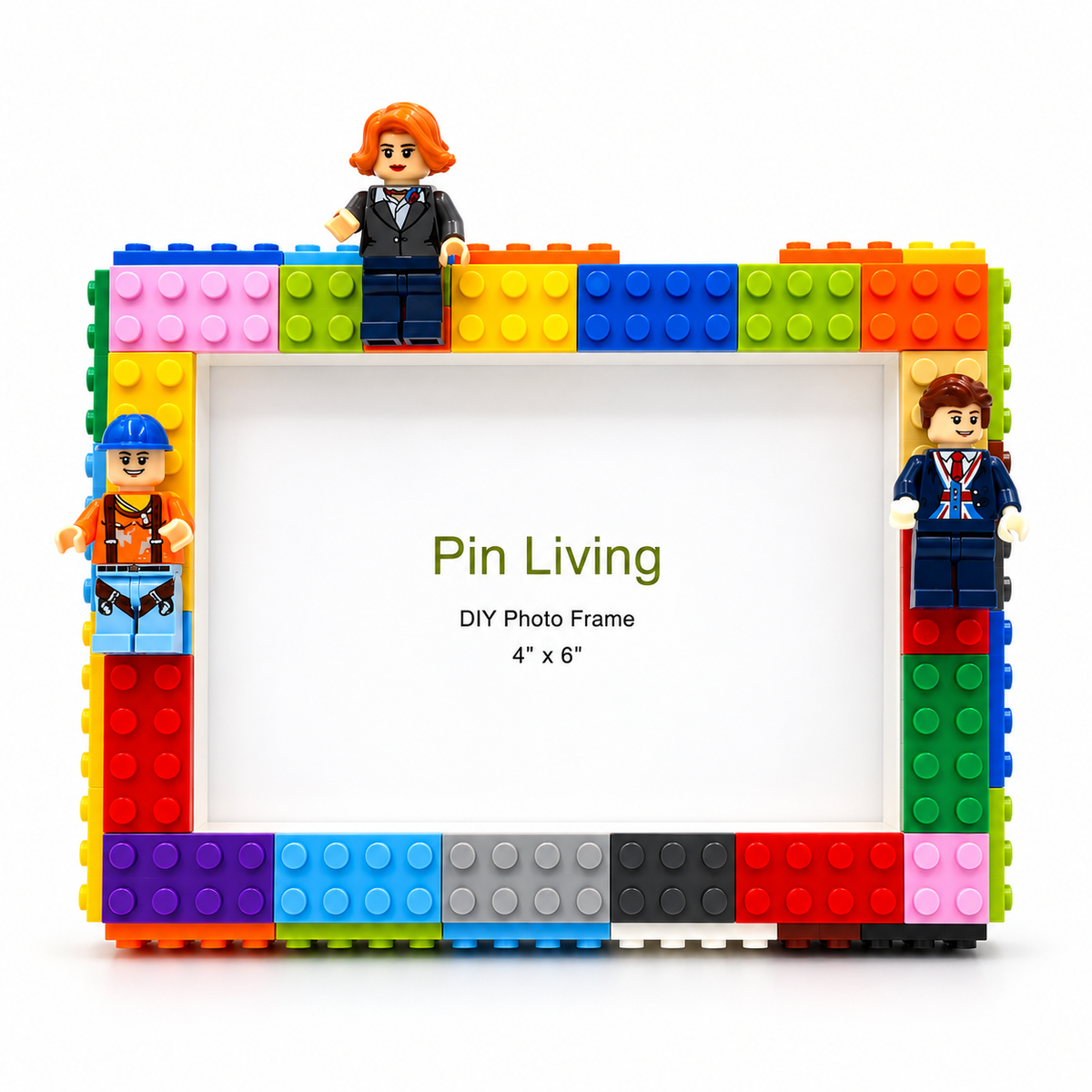 Colorful building block photo frame in landscape orientation with three decorative figures and a 4-by-6-inch insert