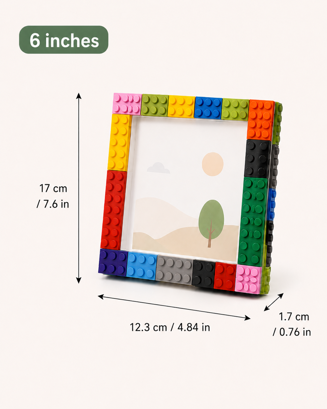 Size guide for the 6-inch building block photo frame, showing a colorful border and exterior dimension markers