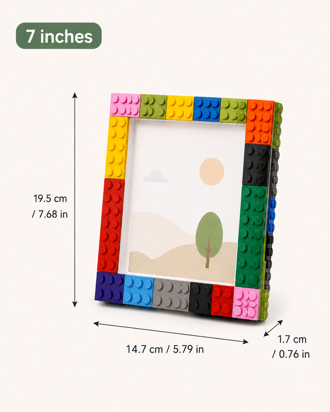 Size guide for the 7-inch building block photo frame, showing a colorful border and exterior dimension markers

