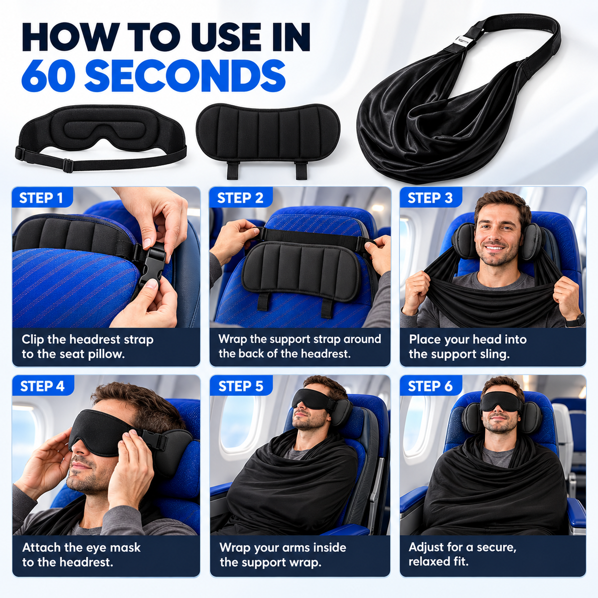 Six-step setup guide showing the black eye mask, headrest pad and support wrap being fitted and used in an airplane seat
