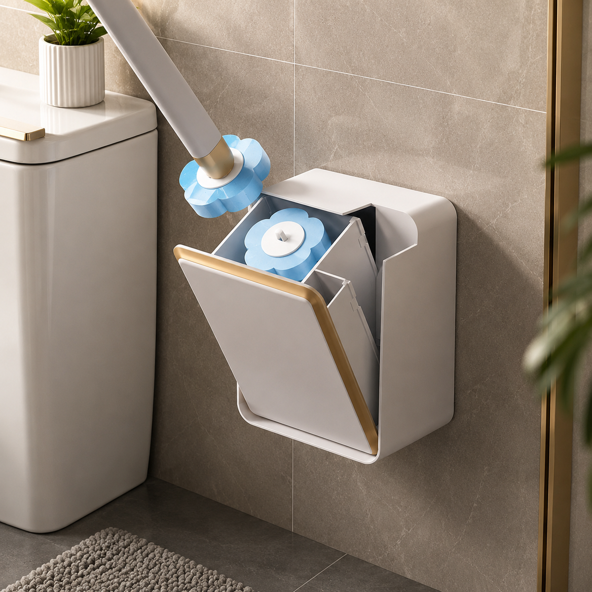 Open white wall-mounted toilet brush holder showing blue replacement sponge heads and a handle with a sponge attached
