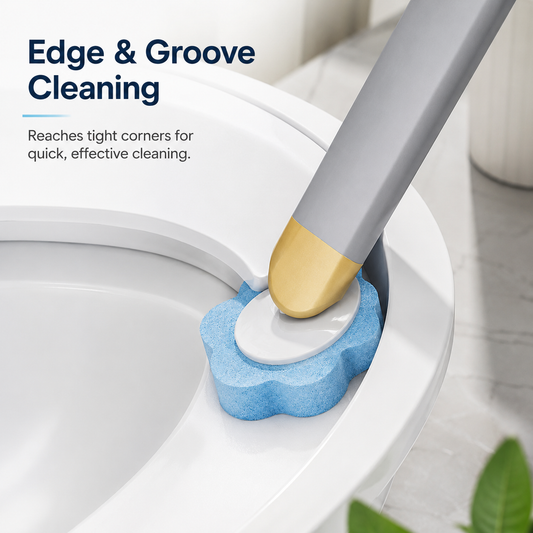 Blue sponge toilet brush head cleaning the curved edge of a white toilet bowl
