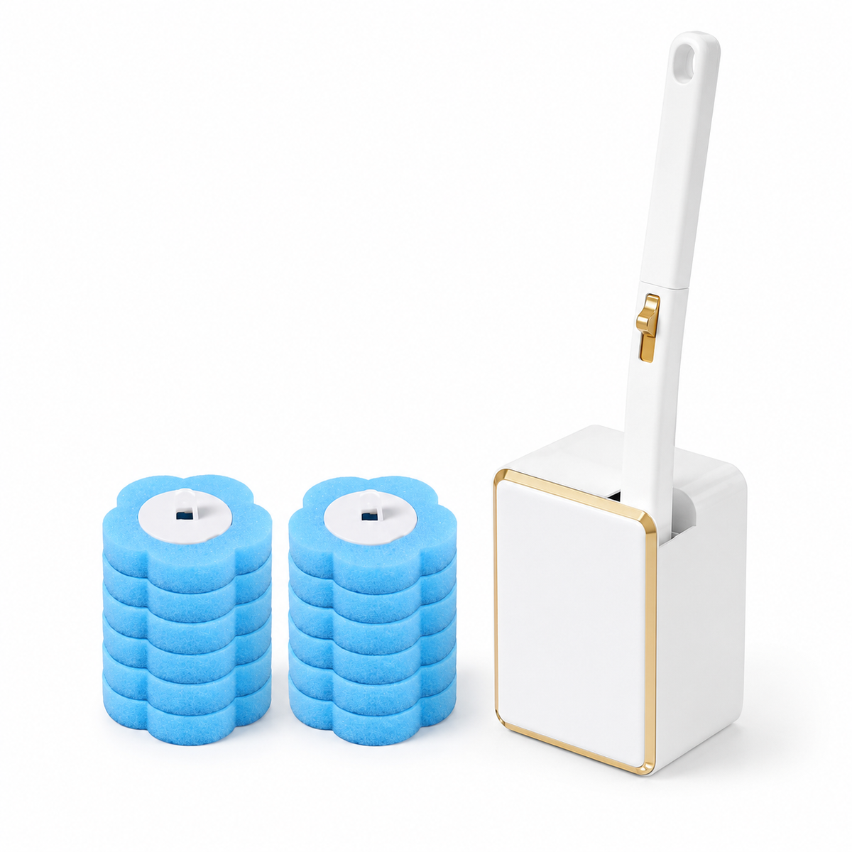 White toilet brush handle in a gold-trimmed holder beside two stacks of blue replacement sponge heads
