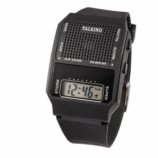 Black digital talking watch with a rectangular case, front speaker grille, LCD time display and side buttons
