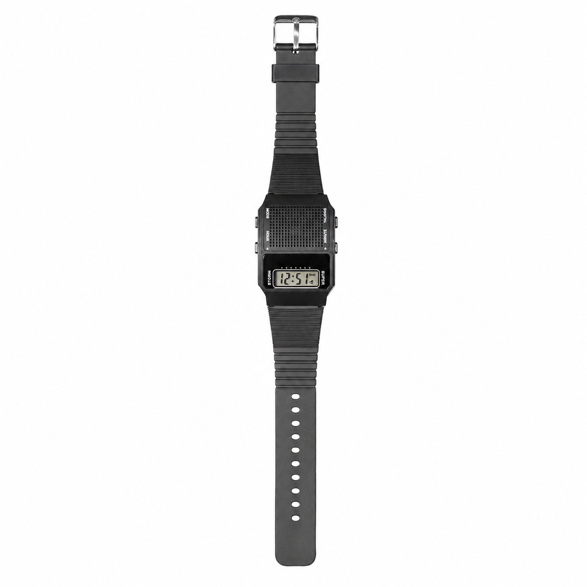 Black digital talking watch with its strap fully extended, showing the buckle and adjustment holes
