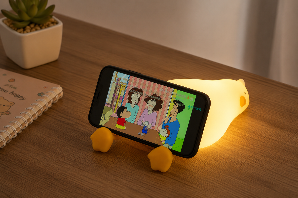 Illuminated duck night light supporting a smartphone horizontally against its yellow feet
