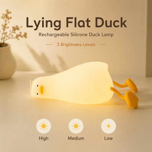Silicone duck night light lying flat, with a guide showing high, medium and low brightness levels
