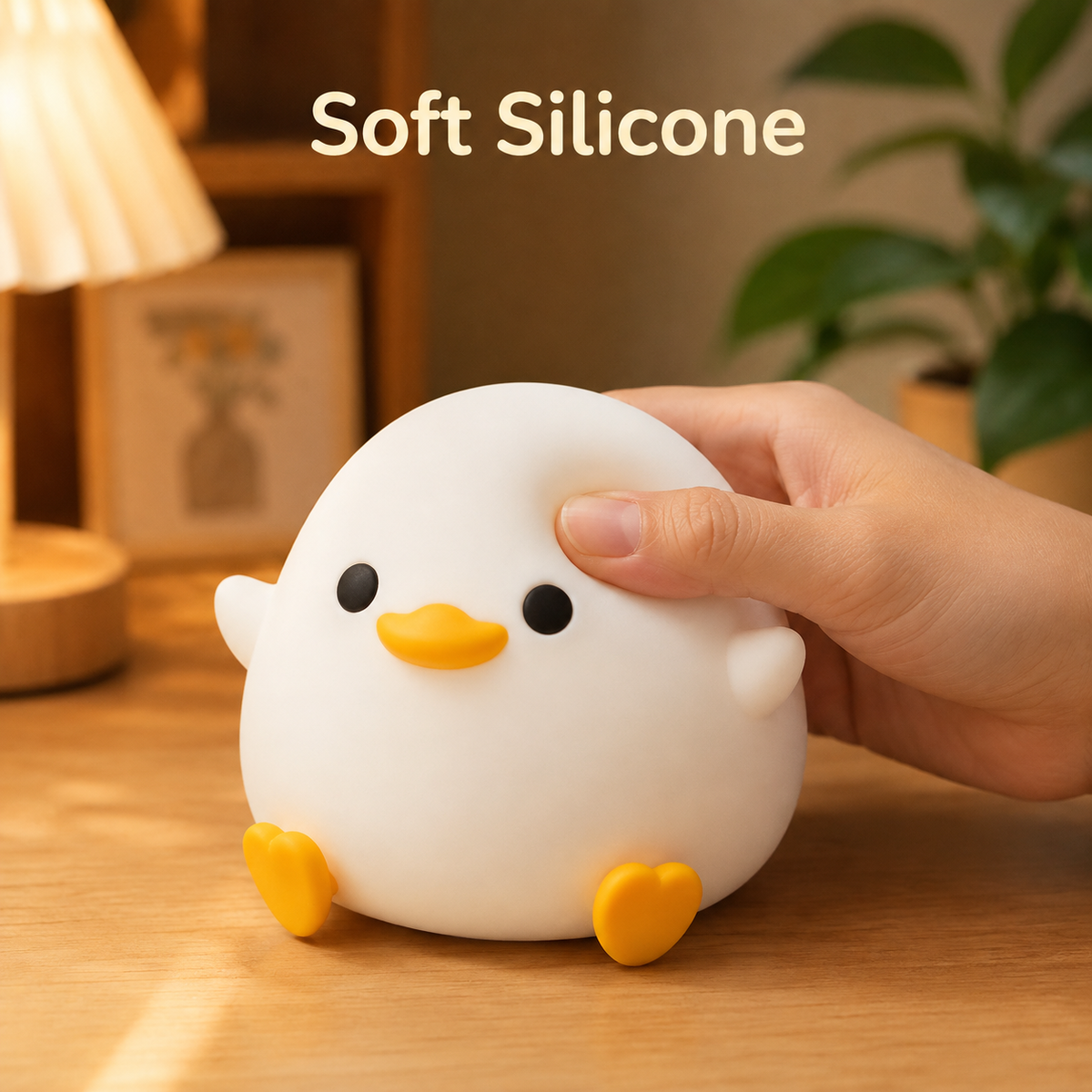 Hand pressing the soft silicone body of a white duck night light with yellow feet
