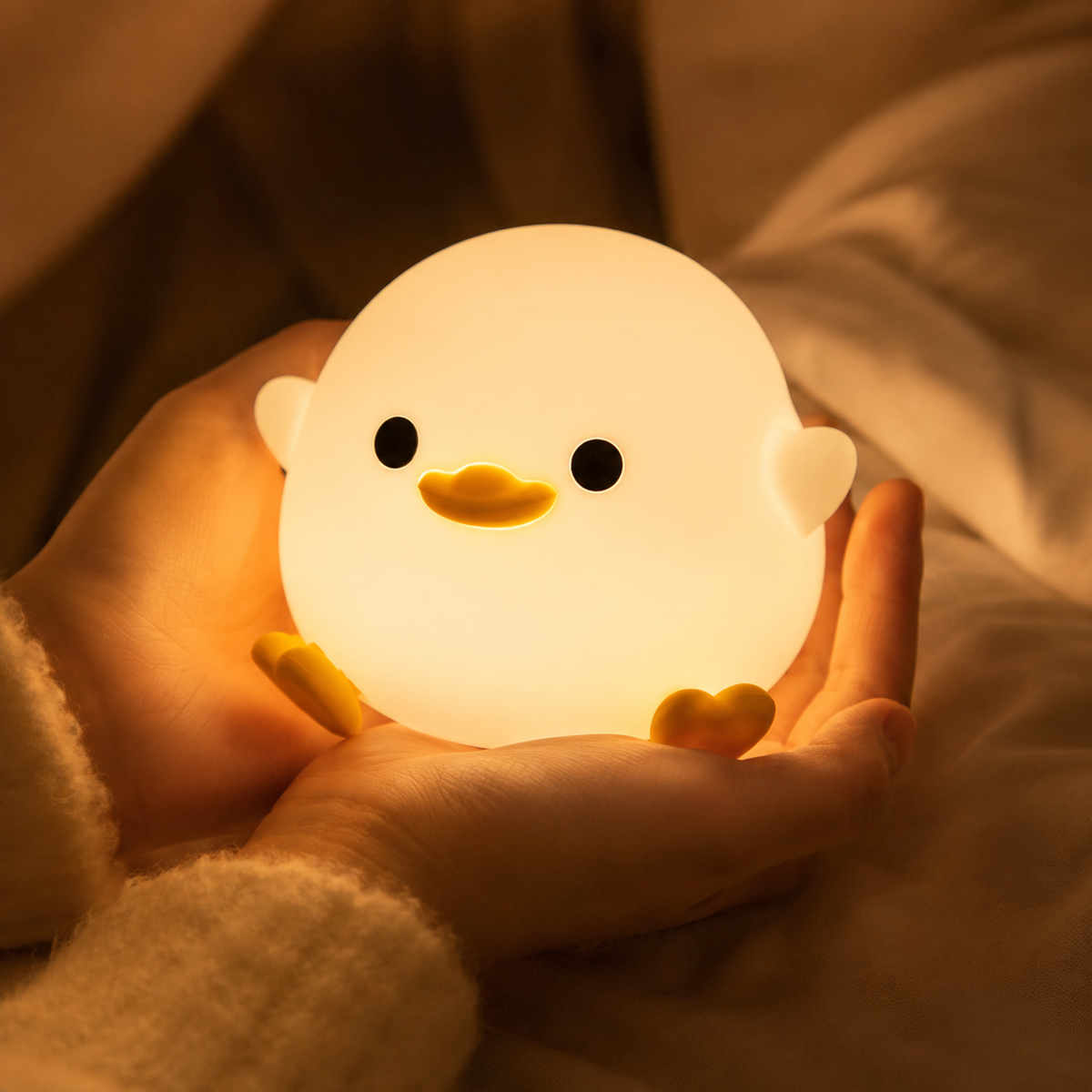 Glowing round duck night light with a yellow beak and feet cradled in two hands
