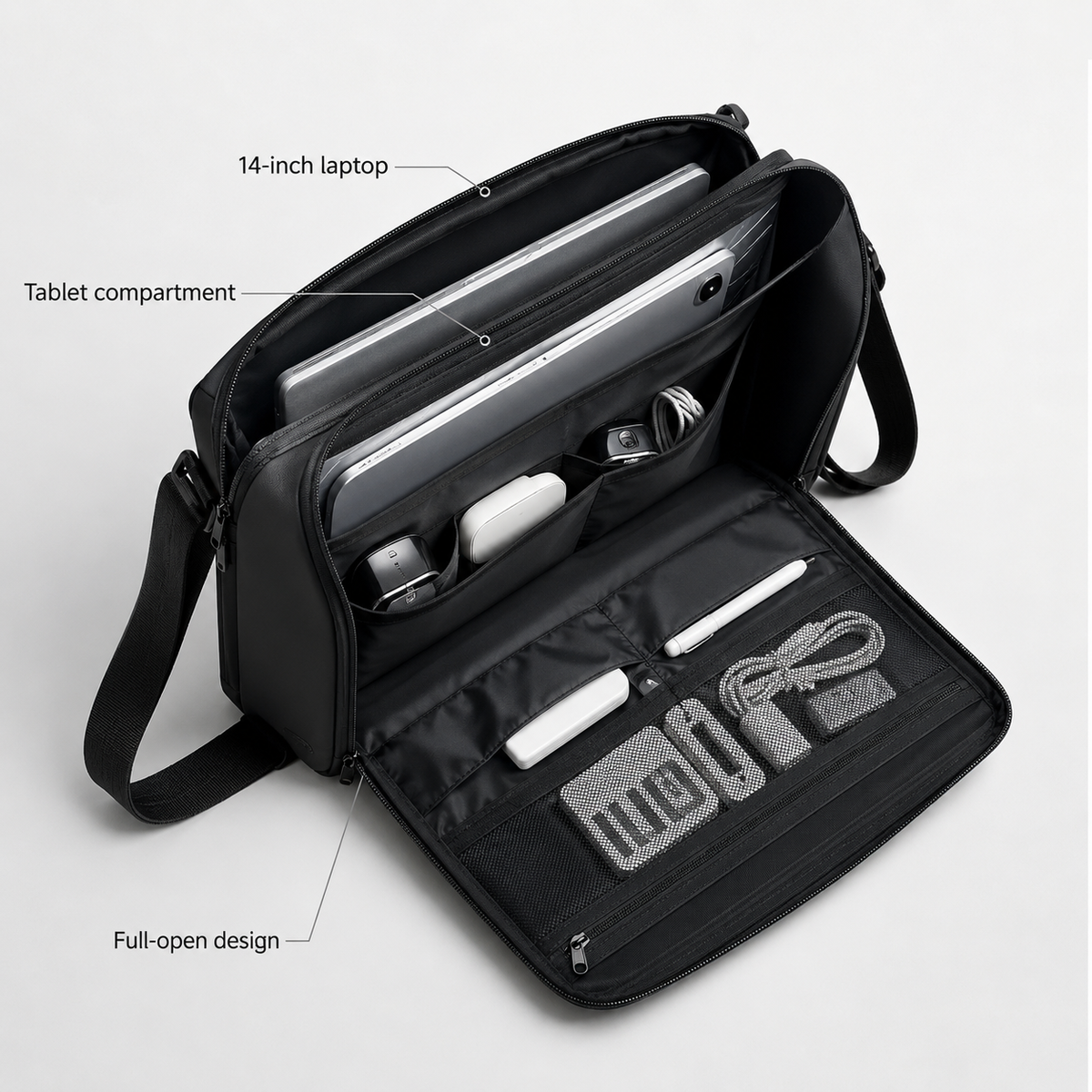 Laptop shoulder bag showing compartments for a 14-inch laptop and tablet, with a fully opening front panel
