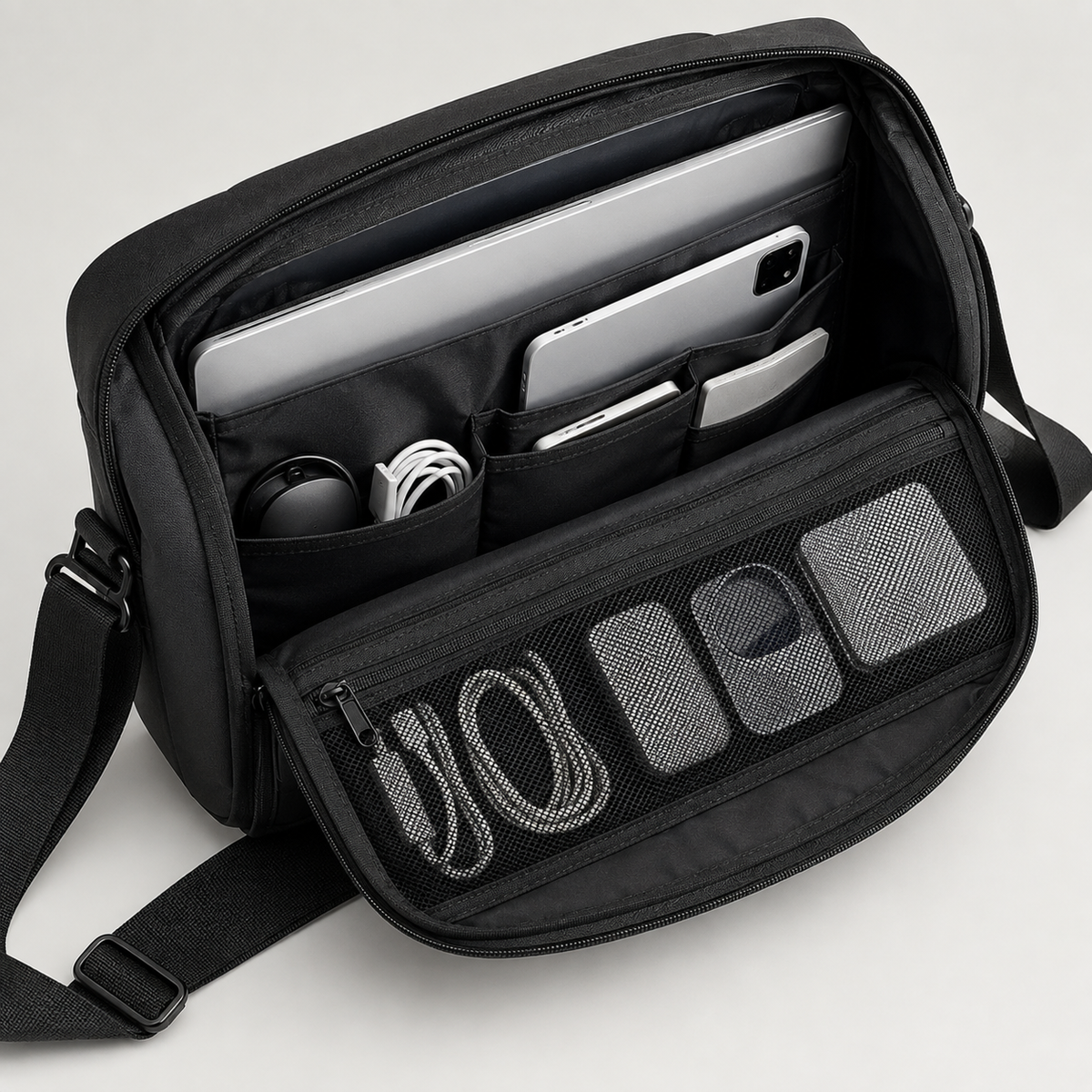 Open laptop shoulder bag holding a laptop, phone and accessories in separate compartments and mesh pockets