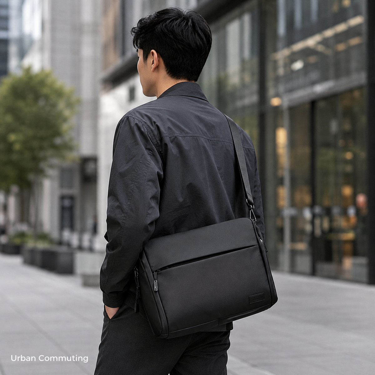 Man carrying a black laptop shoulder bag across his body on a city street
