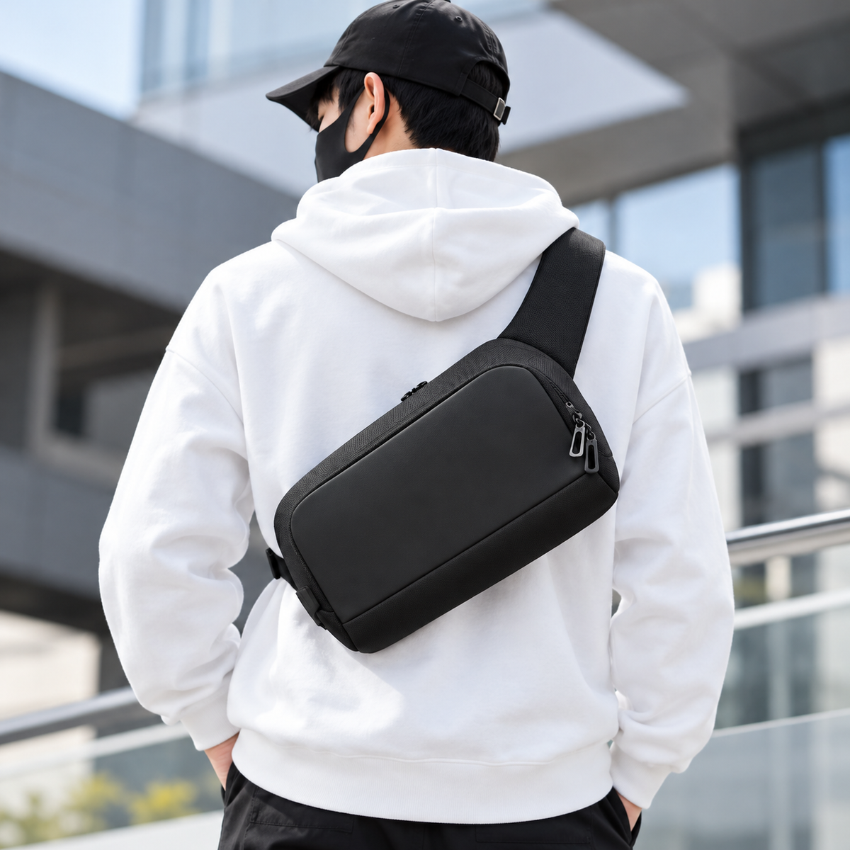 Person wearing a black crossbody sling bag across the back over a white hoodie
