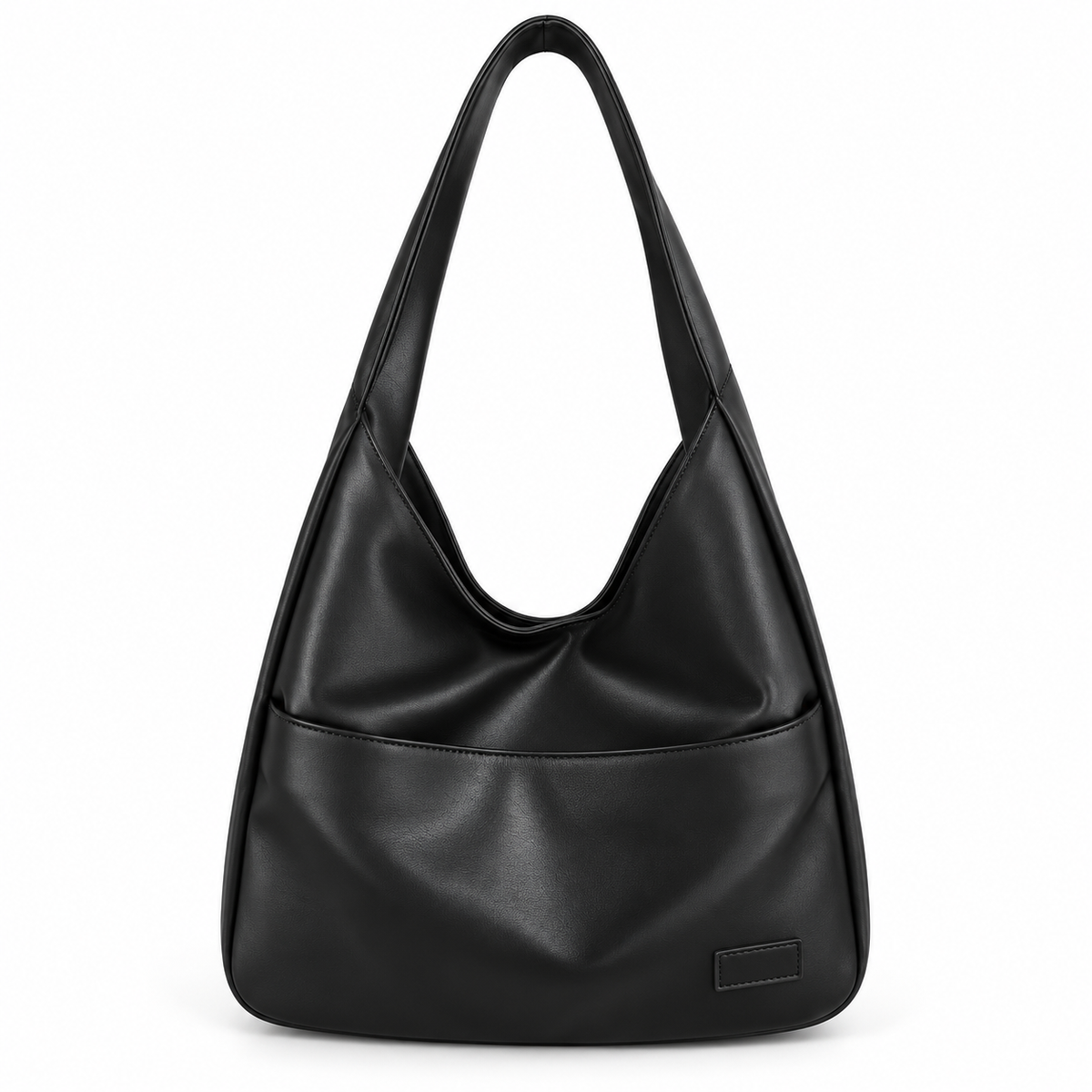 Black PVC shoulder bag with a wide shoulder strap and a large exterior slip pocket, shown from the front.