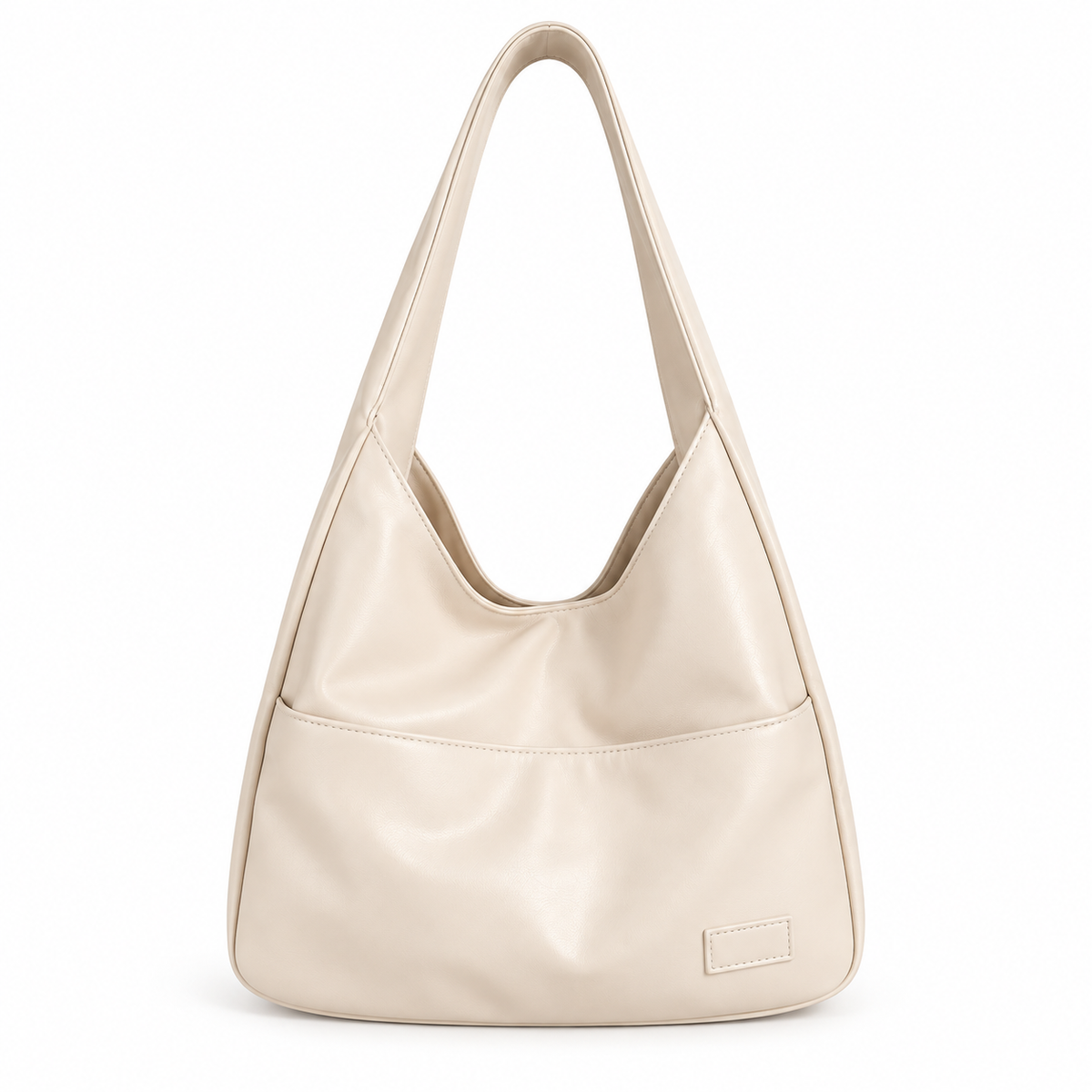 White PVC shoulder bag with a soft shape, wide shoulder strap and exterior slip pocket, shown from the front.