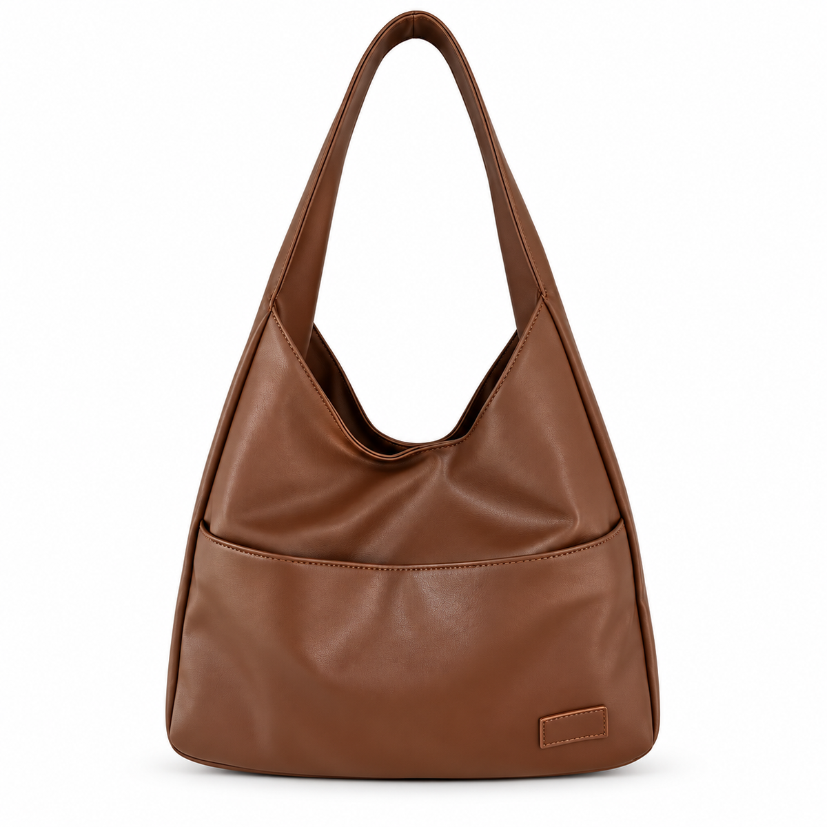 Brown PVC shoulder bag with a soft shape, wide shoulder strap and exterior slip pocket, shown from the front.