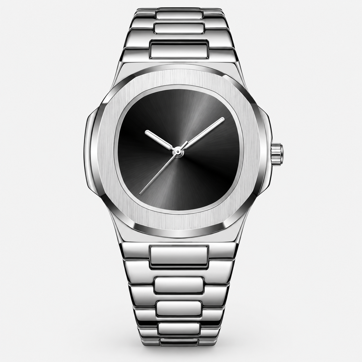 Men's minimalist watch with a black numberless dial, silver case and stainless steel link bracelet on a white background.