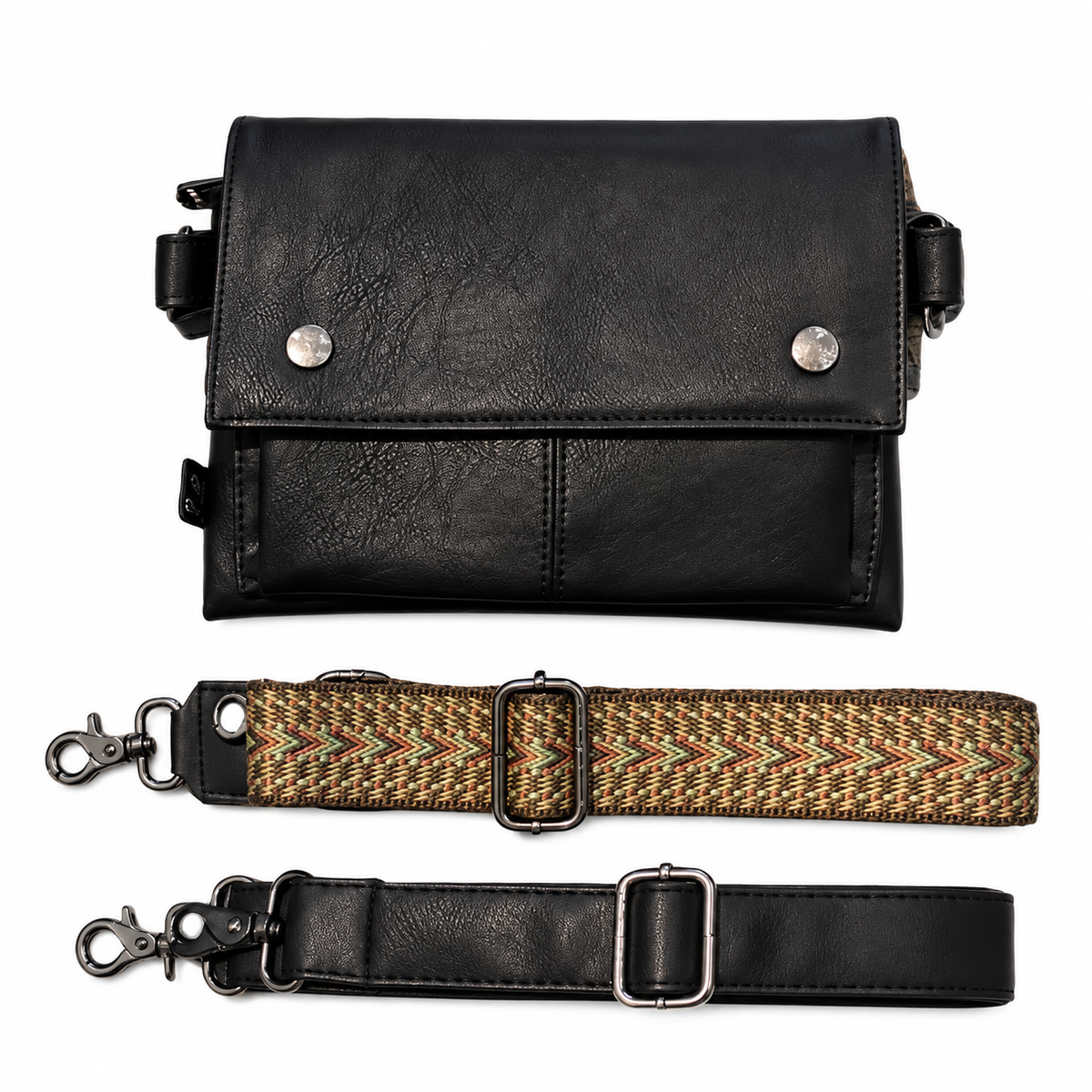 Black PU leather crossbody bag with a front flap, displayed with a patterned strap and a plain black strap on a white background.