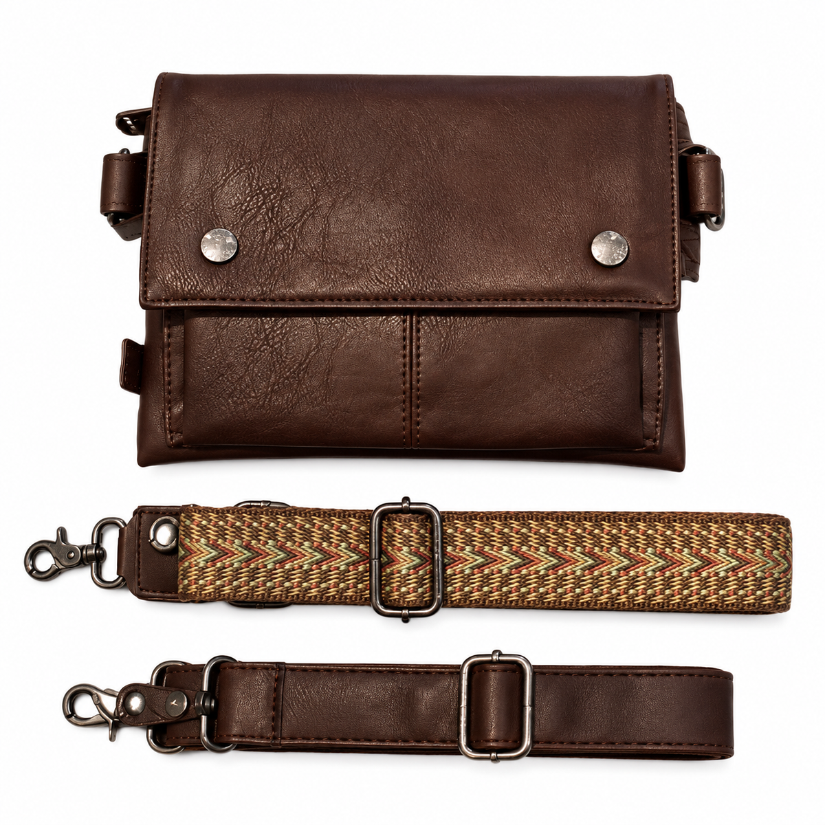 Dark brown PU leather crossbody bag displayed with a patterned strap and a matching plain strap on a white background.
