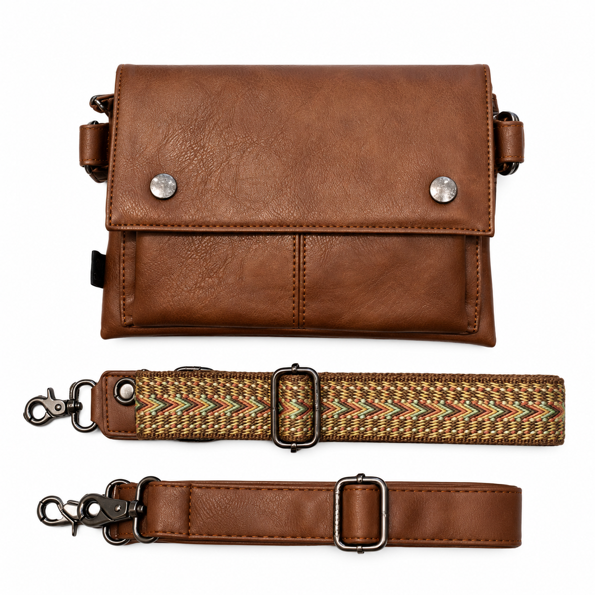 Light brown PU leather crossbody bag with a front flap, displayed with patterned and plain straps on a white background.