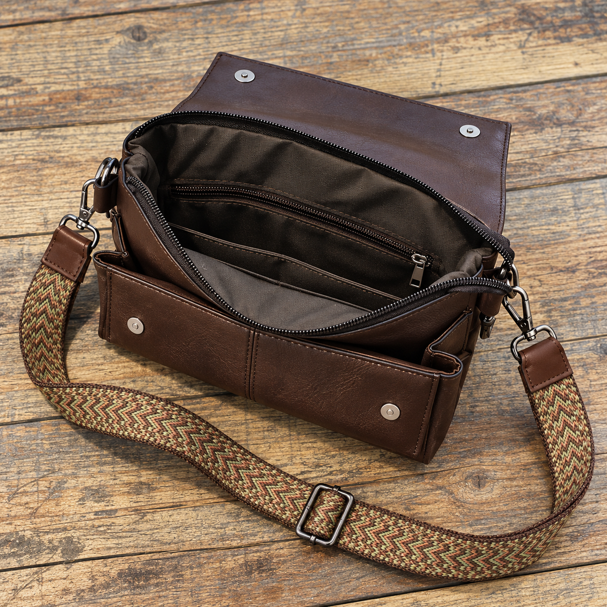 Open dark brown crossbody bag showing its zippered main compartment, interior zipper pocket, front pockets and patterned strap.