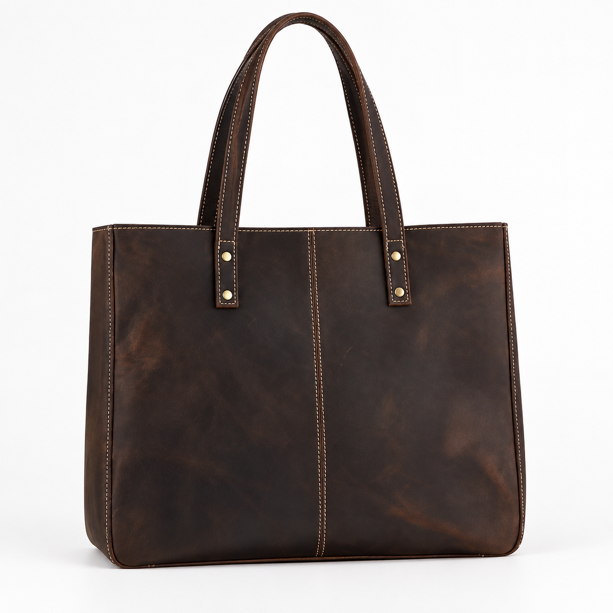 Coffee brown leather tote bag with two shoulder handles, contrast stitching and rivet details on a white background