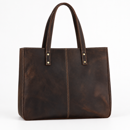 Coffee brown leather tote bag with two shoulder handles, contrast stitching and rivet details on a white background