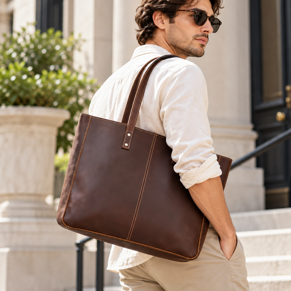 Man wearing a brown leather tote bag over his shoulder outside a building