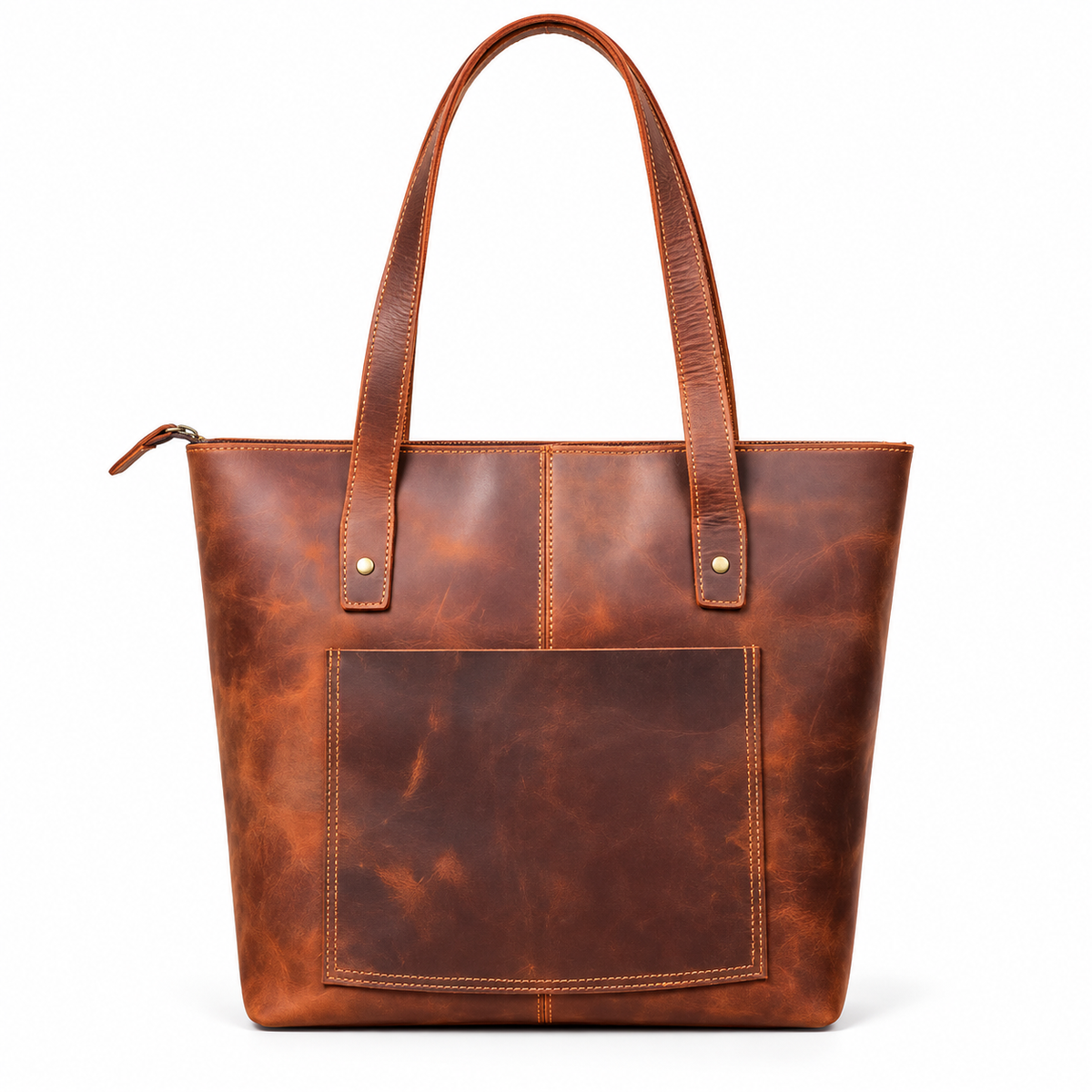 Front view of a brown vintage leather tote bag with two shoulder straps and a large exterior slip pocket on a white background.