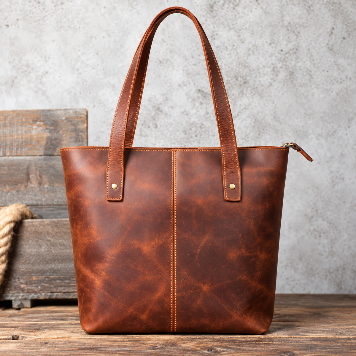 Rear view of a brown vintage leather tote bag with two shoulder straps and a central stitched seam on a wooden surface.