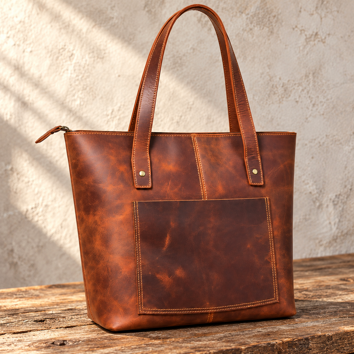 Brown vintage leather tote bag with a front slip pocket and two shoulder straps on a wooden table in warm light.