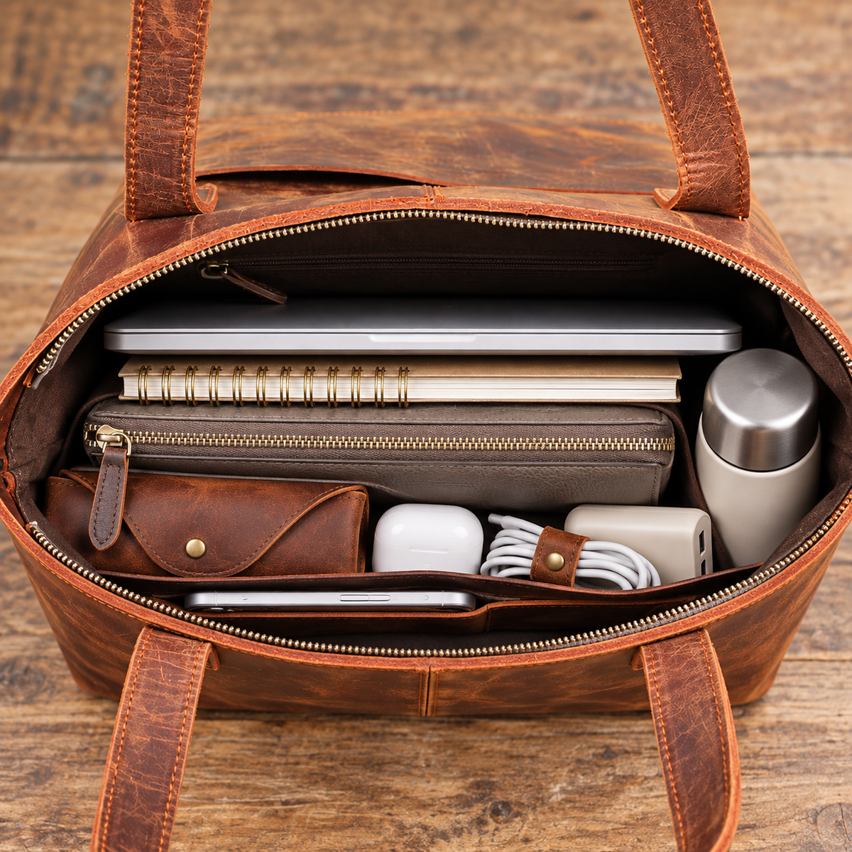 Brown leather tote packed with a laptop, notebook, phone, bottle, glasses case, earbuds and charging accessories.