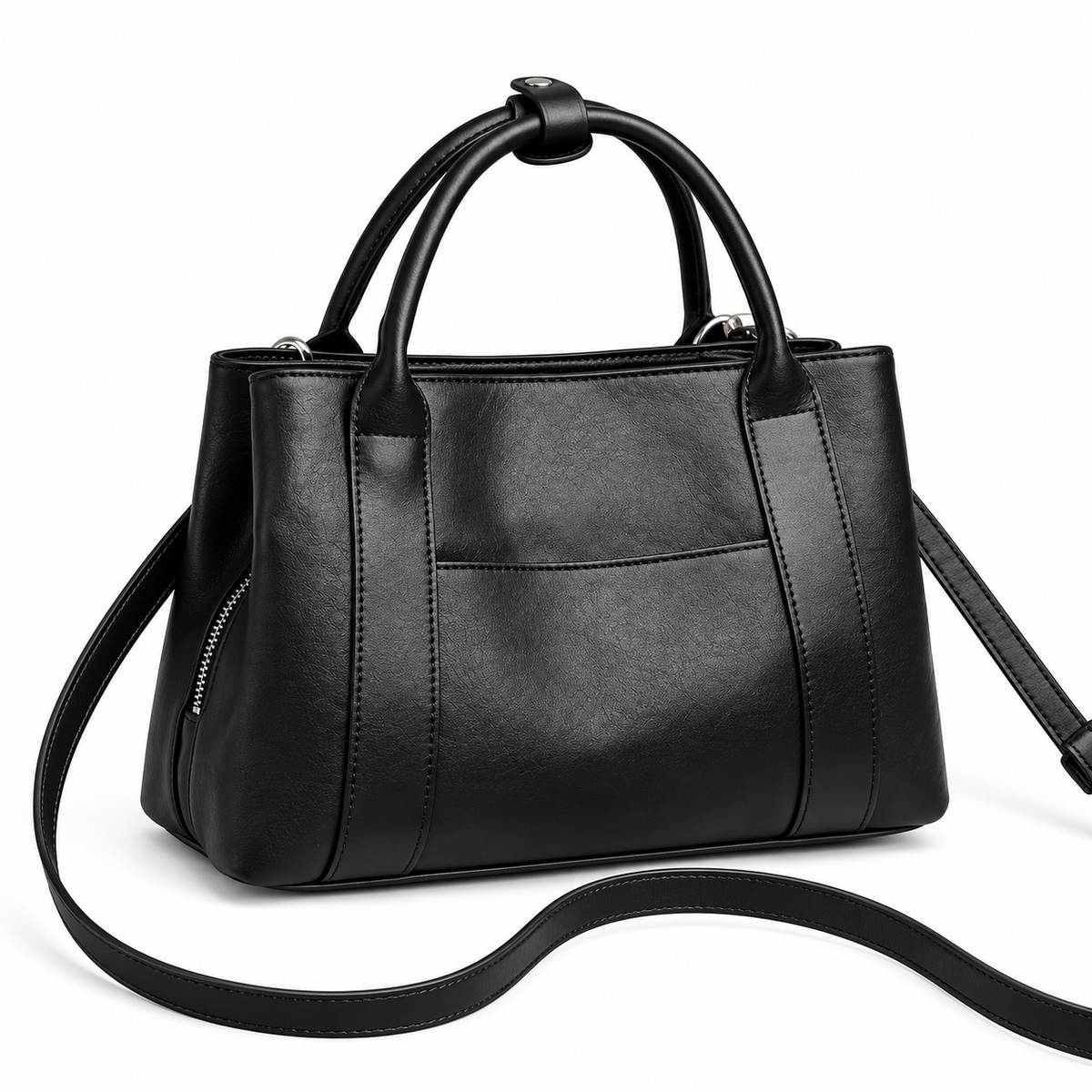 Black vintage leather shoulder bag with twin top handles, a front slip pocket and a long shoulder strap