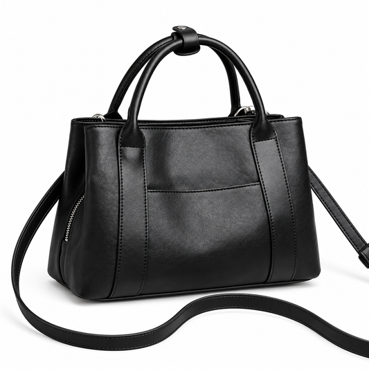 Black vintage leather shoulder bag with twin top handles, a front slip pocket and a long shoulder strap