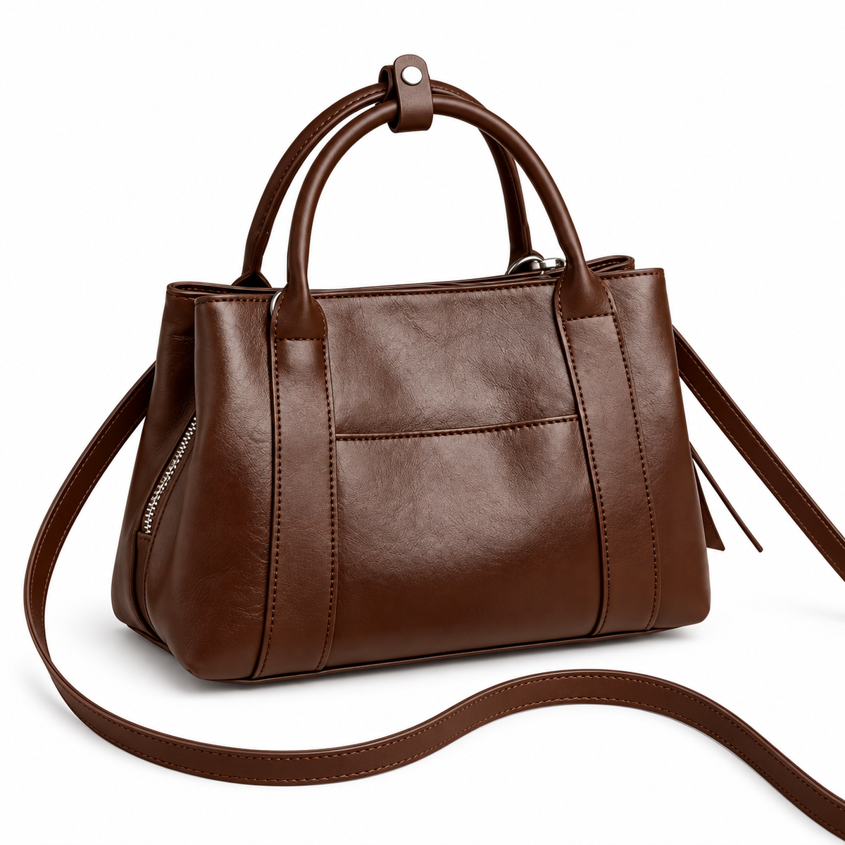 Front view of a reddish brown leather shoulder bag with a slip pocket, twin top handles and an adjustable shoulder strap