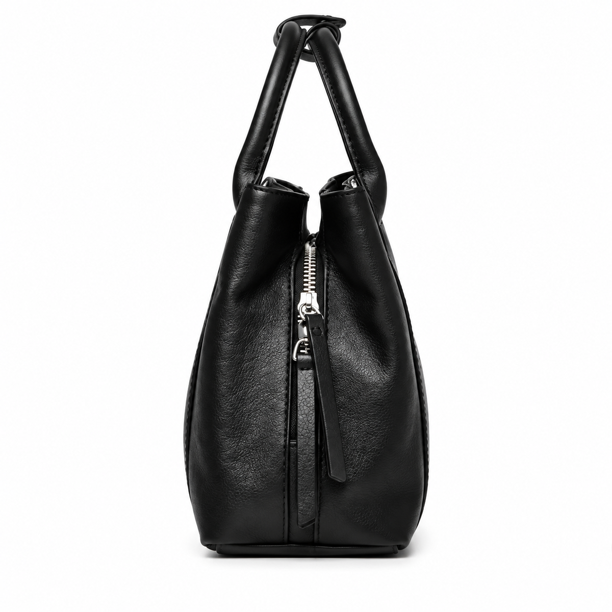 Back view of a black leather handbag with vertical stitched panels and twin handles joined by a snap tab
