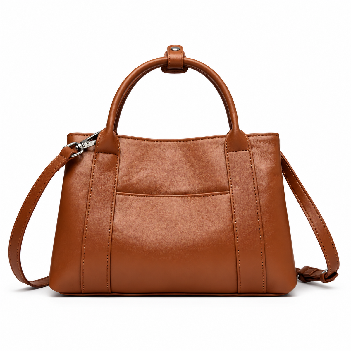 Coffee brown vintage leather shoulder bag with a front slip pocket, twin handles and a long strap laid in front