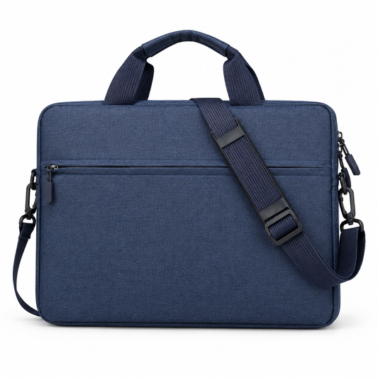 Blue nylon laptop shoulder bag with two carry handles, a front zip pocket and a detachable strap