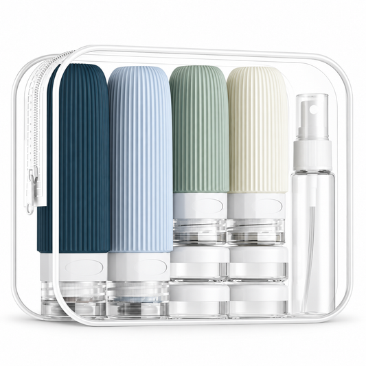 Blue, green and cream silicone travel bottles with small jars and a spray bottle inside a clear zippered pouch