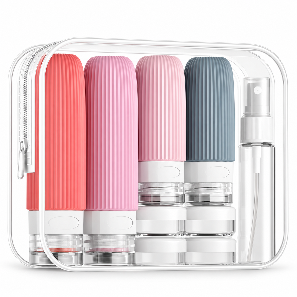 Coral, pink and blue-grey silicone travel bottles with small jars and a spray bottle inside a clear zippered pouch