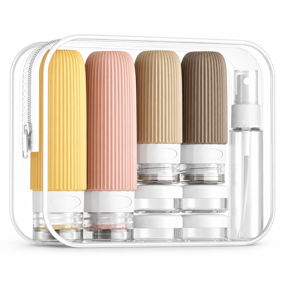 Yellow, peach, beige and brown silicone travel bottles with small jars and a spray bottle inside a clear zippered pouch