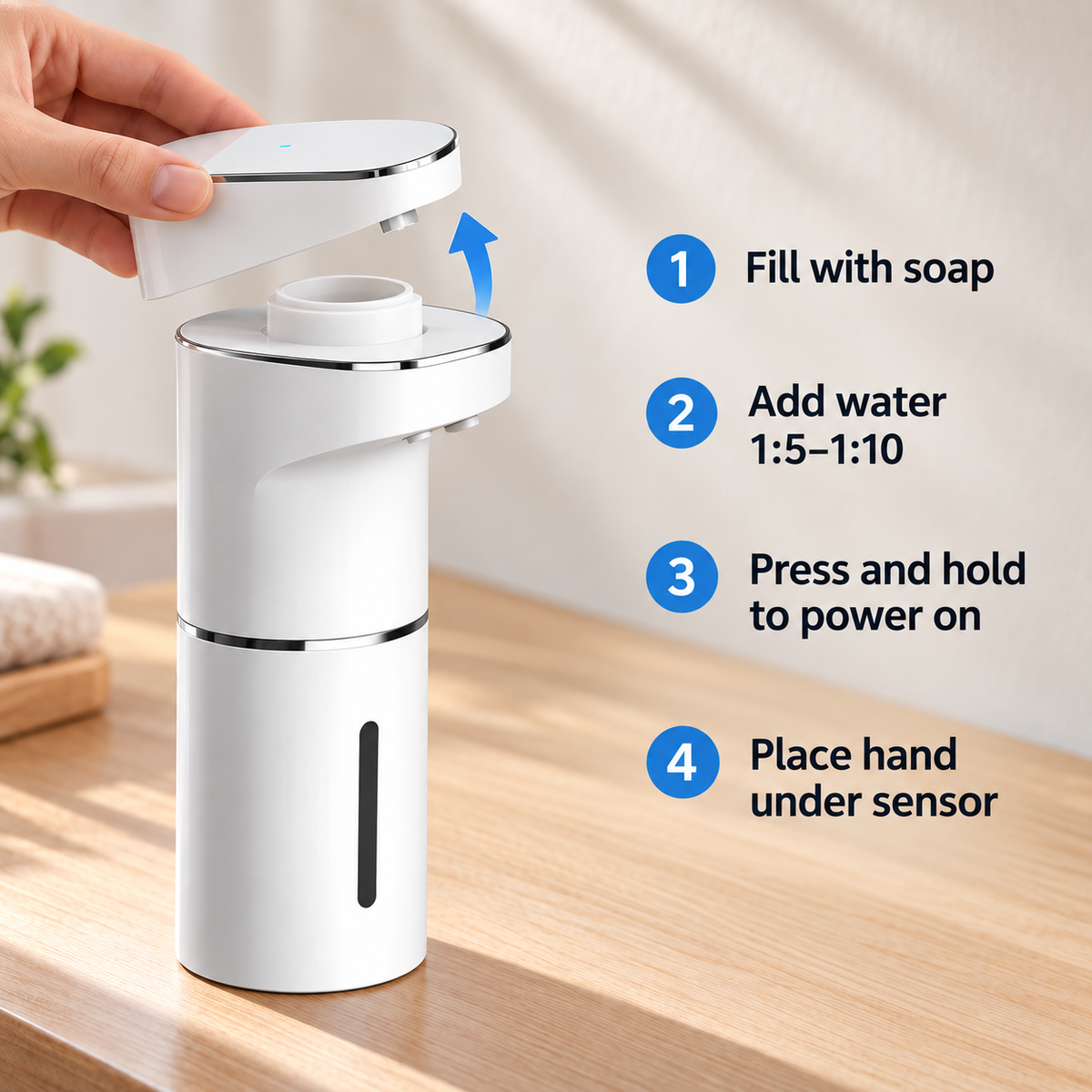 White foam soap dispenser with an illustrated guide to filling, diluting soap, switching on and activating the sensor