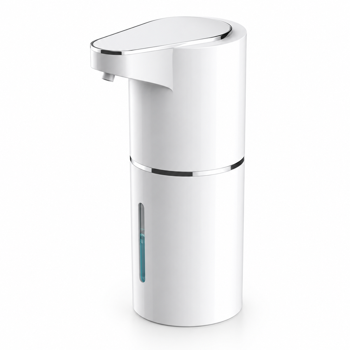 White touchless foam soap dispenser with silver trim, a projecting nozzle and a vertical soap-level window