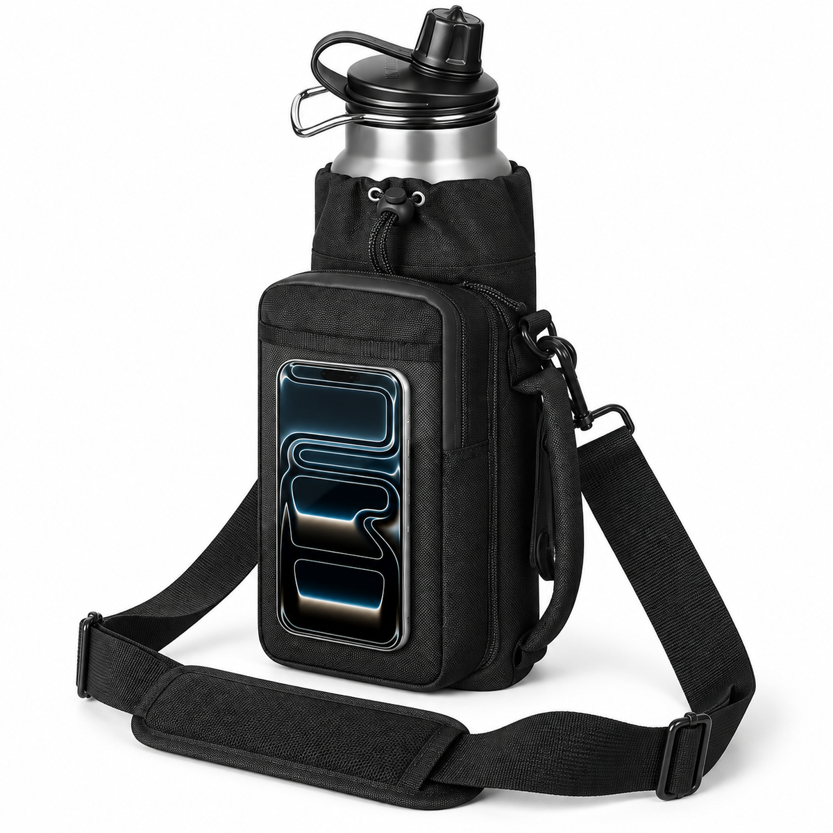 Black magnetic gym bottle bag holding a water bottle and phone, with a front zippered pocket and padded shoulder strap