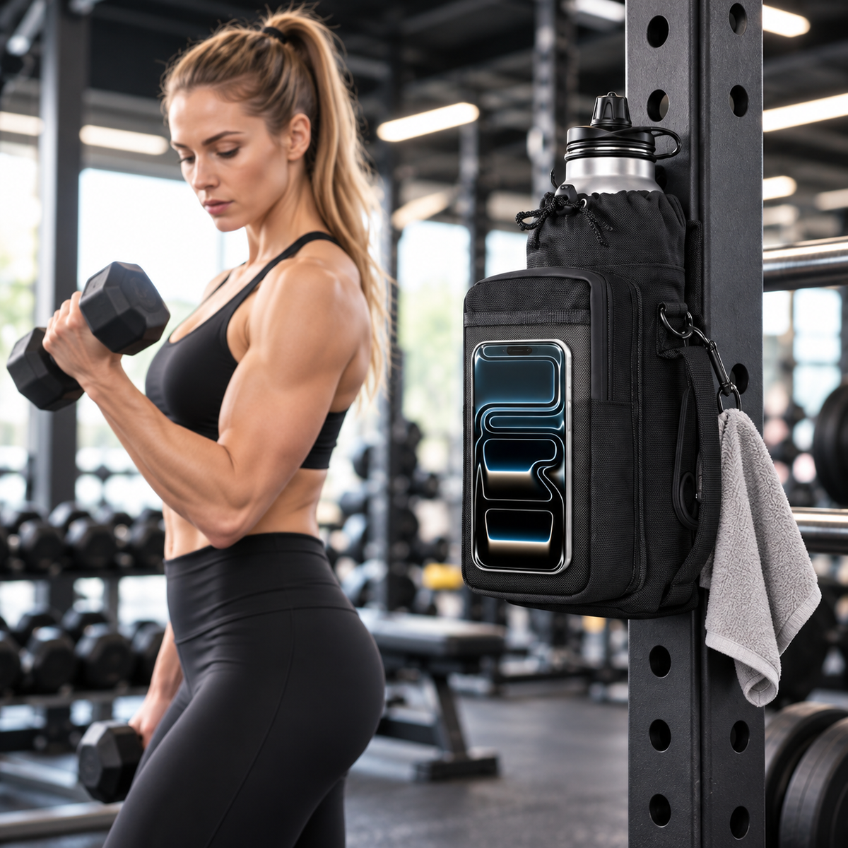 Black magnetic bottle bag attached to a gym rack with a phone and towel beside a woman lifting a dumbbell