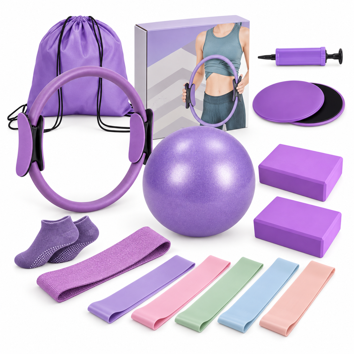 Purple Pilates ring and ball with two yoga blocks, gliding discs, resistance bands, grip socks, a pump and drawstring storage bag
