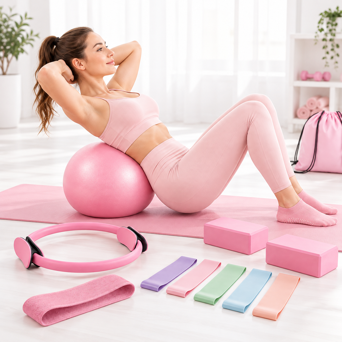 Woman leaning back on a pink exercise ball with a Pilates ring, yoga blocks and resistance bands arranged nearby